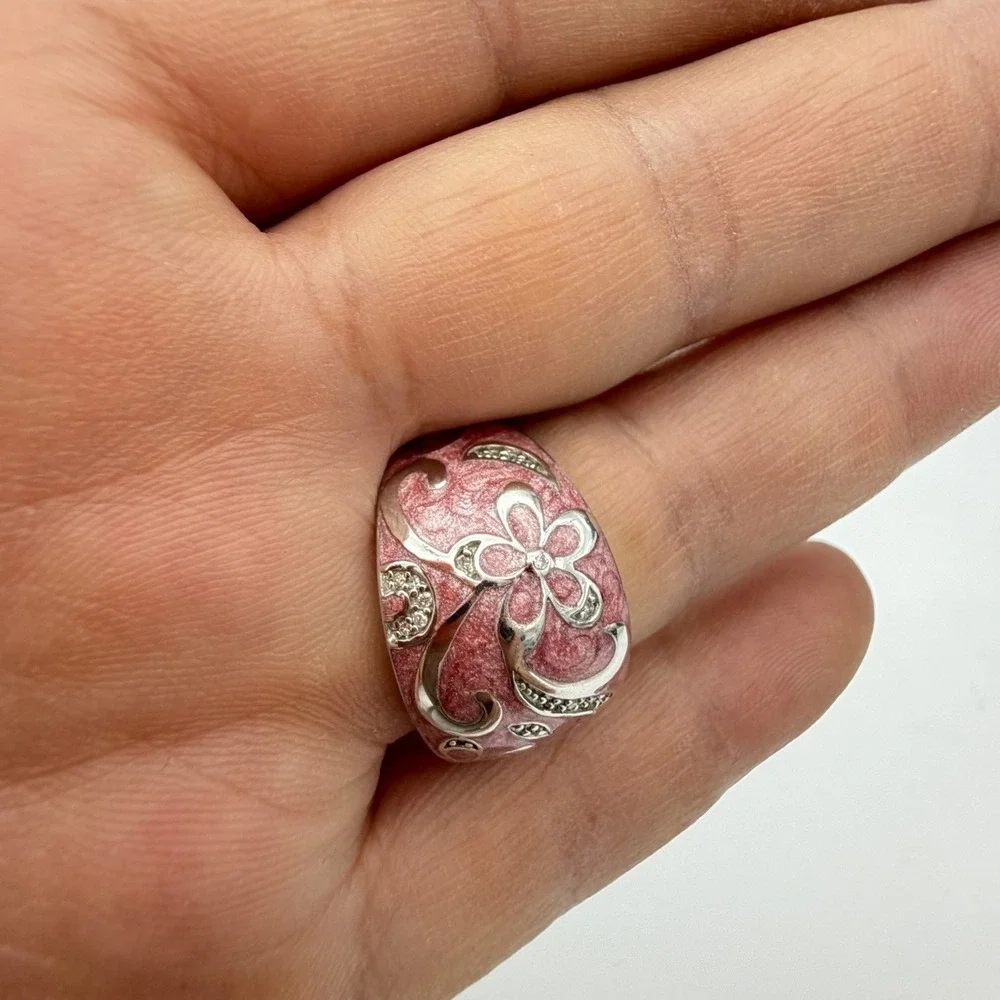 Vtg QVC Designer JWBR Sterling Silver Diamond Ring Floral Pink Enamel Sz7.25